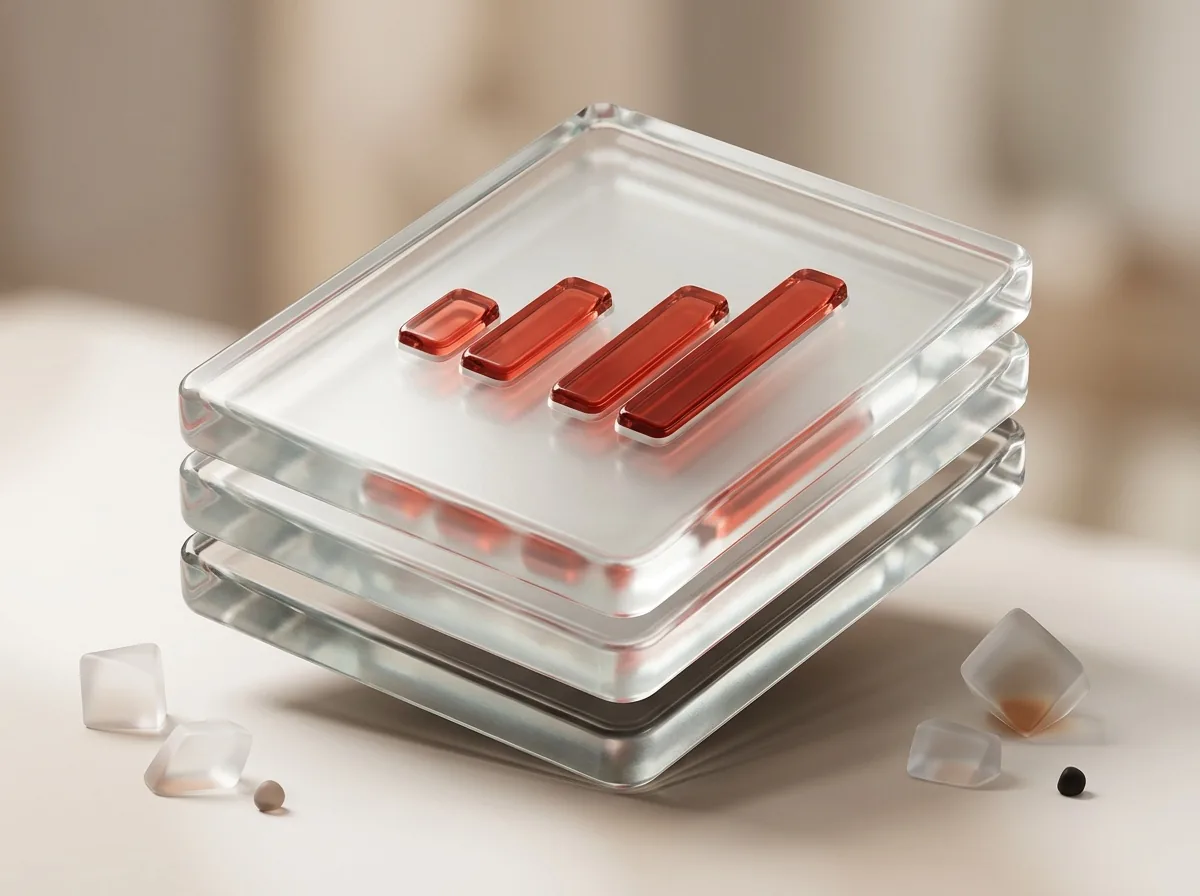 Translucent glass document stack with a coral bar chart on top, representing an audit report