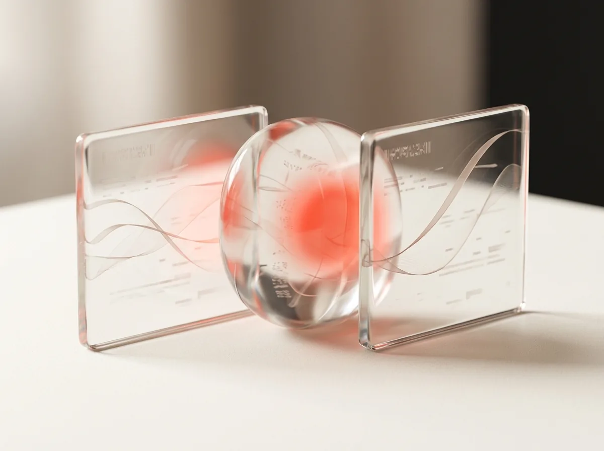 Two frosted glass plates flanking a translucent glass core, with abstract encoded patterns inside, representing brand and ops codified into a foundation