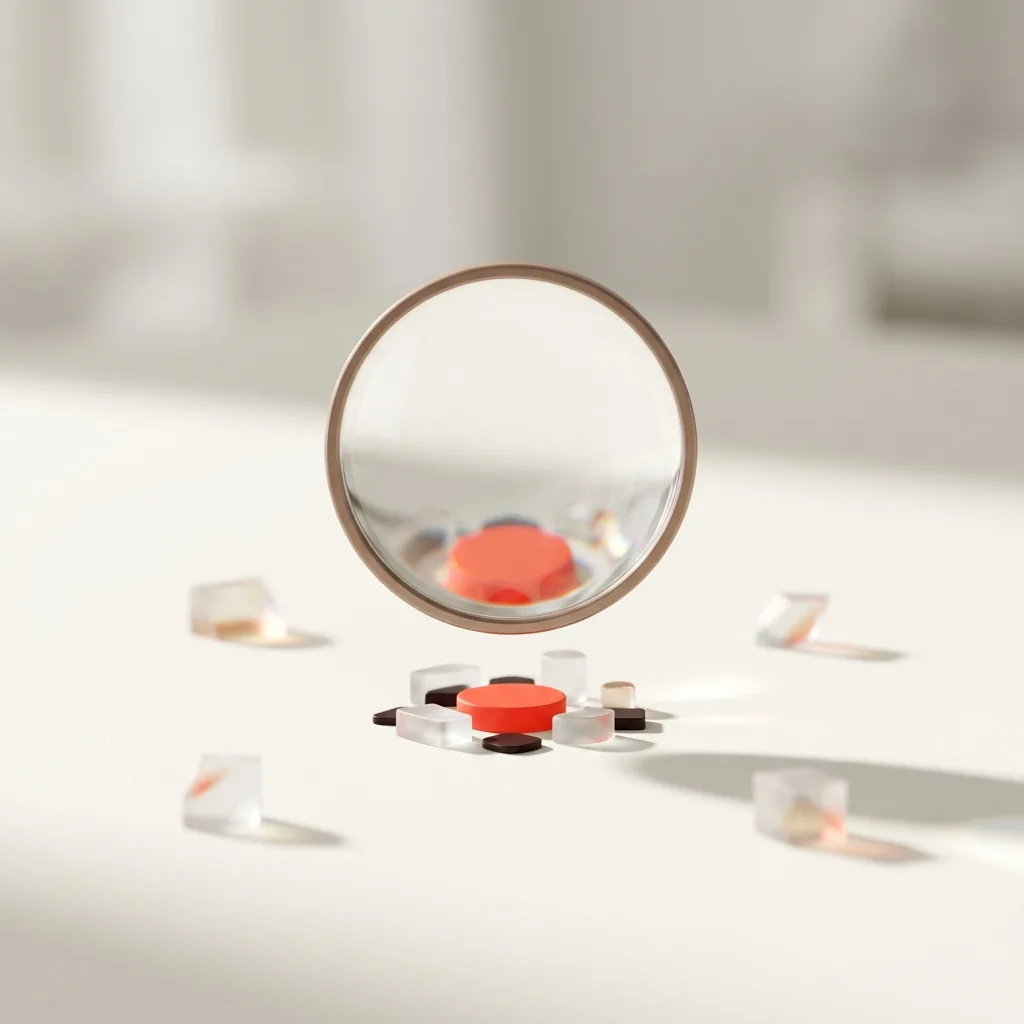 A glass magnifier hovering over abstract shapes
