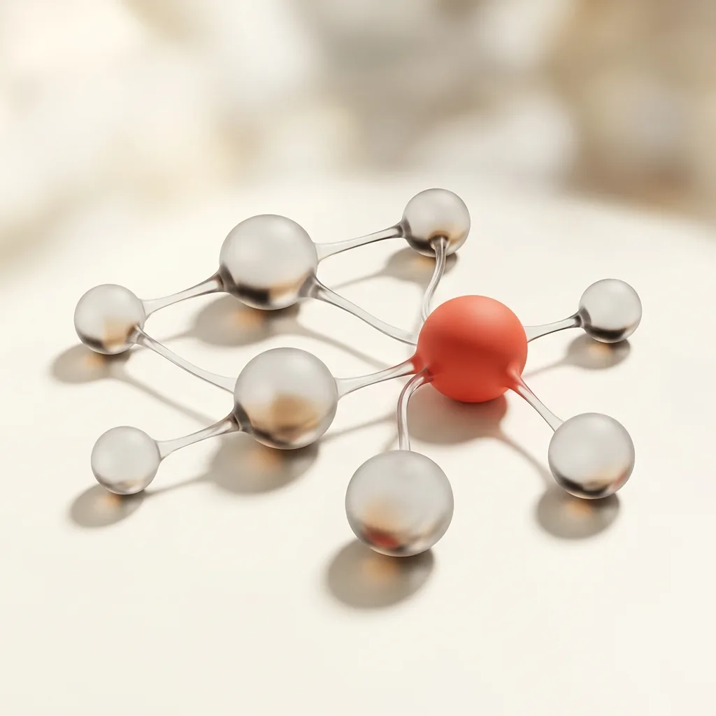 Connected glass nodes with one node highlighted in coral