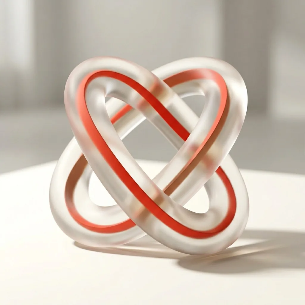 A continuous frosted glass loop with coral accent flowing along it